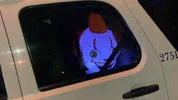 A 4-foot, illuminated, inflatable 'evil clown' stares out of the window of St. Tammany Parish, LA, Sheriff's Deputy David Arriaza's patrol unit. A 4-foot, illuminated, inflatable 'evil clown' stares out of the window of St. Tammany Parish, LA, Sheriff's Deputy David Arriaza's patrol unit.