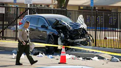 An SUV that struck Los Angeles County sheriff’s cadets during a morning run Wednesday rests at the base of a toppled light pole in Whittier. An SUV that struck Los Angeles County sheriff’s cadets during a morning run Wednesday rests at the base of a toppled light pole in Whittier.
