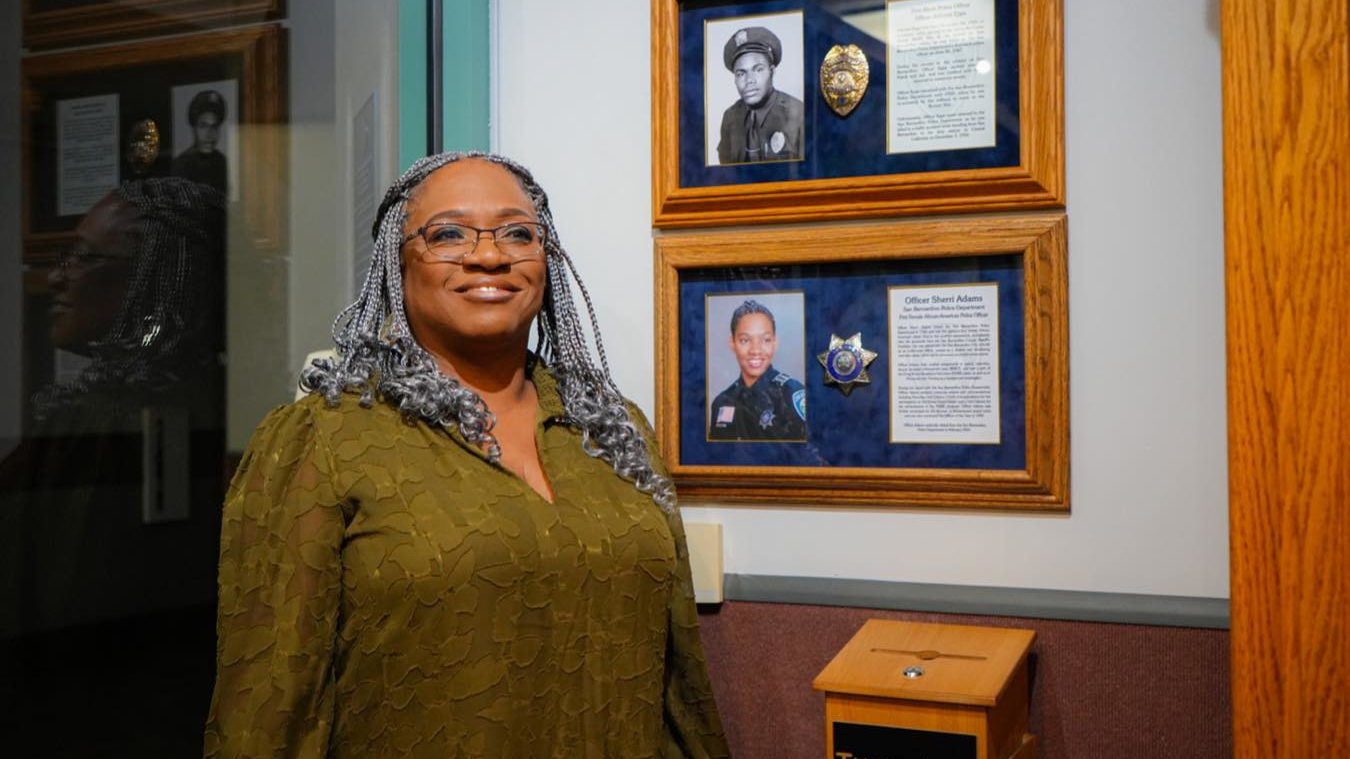 Sherri Adams, the first Black female officer with the San Bernardino, CA, Police Department received a permanent exhibit at the city's main station Tuesday, nearly 40 years after she was hired.