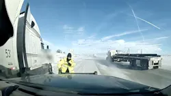 Dashcam footage shows a Wyoming Highway Patrol trooper nearly being struck by an out-of-control tractor trailer while the trooper was responding to an earlier accident along Interstate 80 near Rawlins. Dashcam footage shows a Wyoming Highway Patrol trooper nearly being struck by an out-of-control tractor trailer while the trooper was responding to an earlier accident along Interstate 80 near Rawlins.
