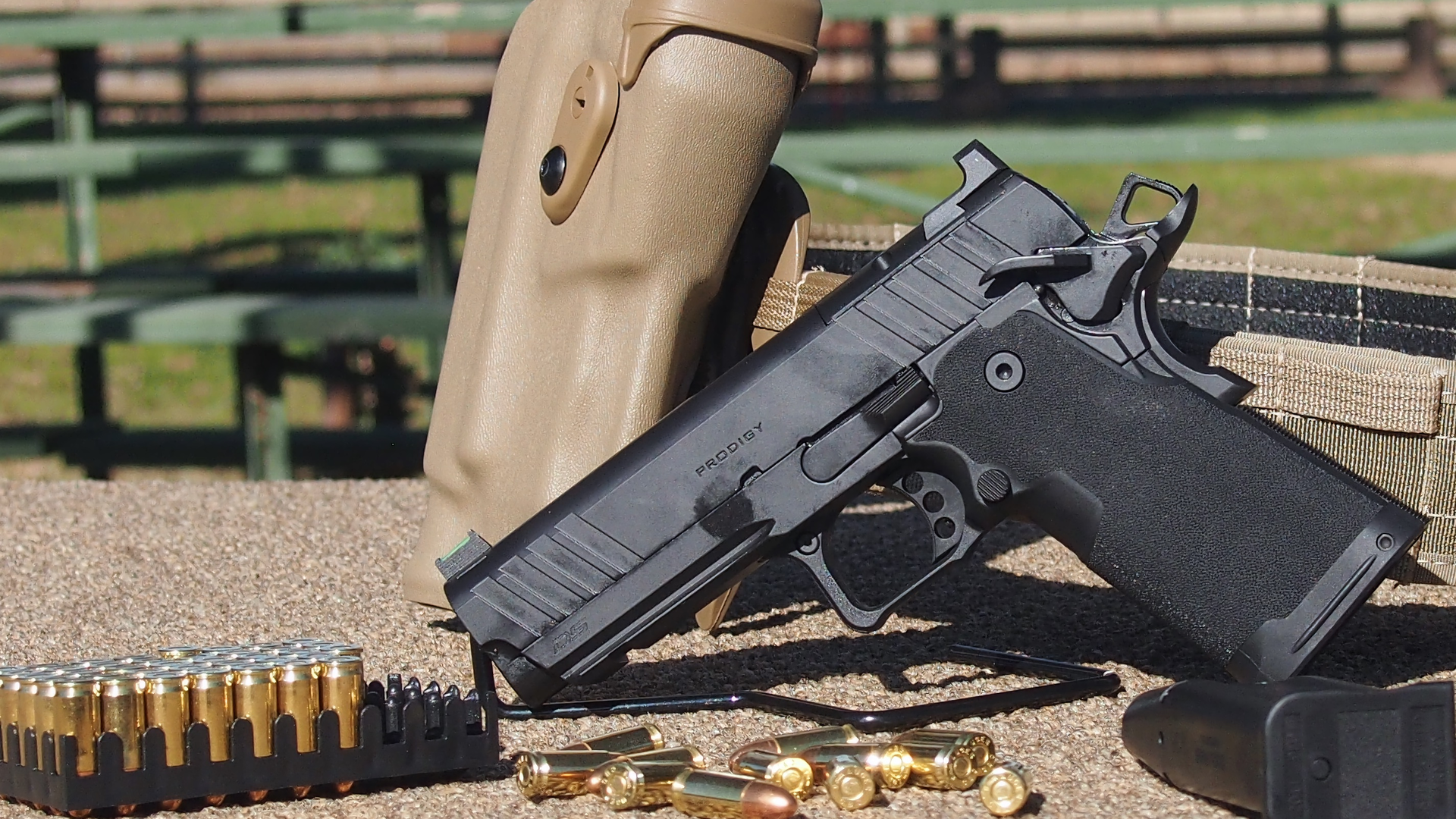 We tested the Prodigy with Safariland's ALS (6354RDS holster), their Model 4333 Low Profile Battle Belt, and Model 79 Slimline Open-Top Double Magazine Pouches. This holster set up is a culmination of Safariland's years of experience and end user input.