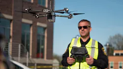 On officer is seen operating a Sydio X2 drone. On officer is seen operating a Sydio X2 drone.