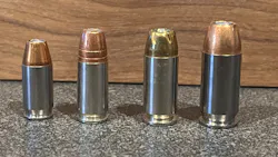 Left to right: .380ACP, 9mm, .40S&W, .45ACP. .30SC would go in between the .380 and the 9mm. Left to right: .380ACP, 9mm, .40S&W, .45ACP. .30SC would go in between the .380 and the 9mm.