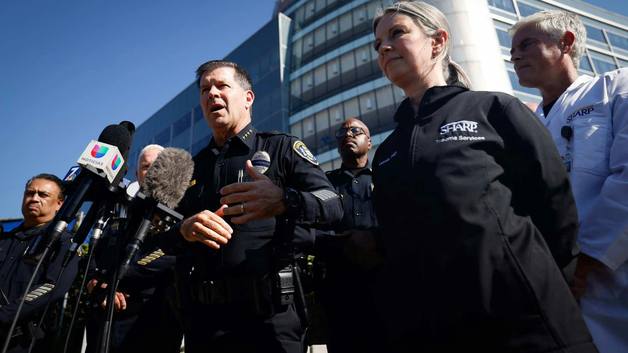 San Diego Police Chief Scott Wahl, left, speaks while standing next to Dr. Diane Wintz, during a press conference regarding Officer Zachary Martinez at Sharp Memorial Hospital on Tuesday, Sept. 3, 2024 in San Diego, CA.