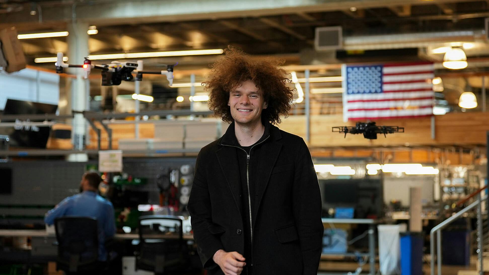 Blake Resnick, BRINC Founder and CEO, at BRINC HQ with Responder and Lemur 2 Drones.