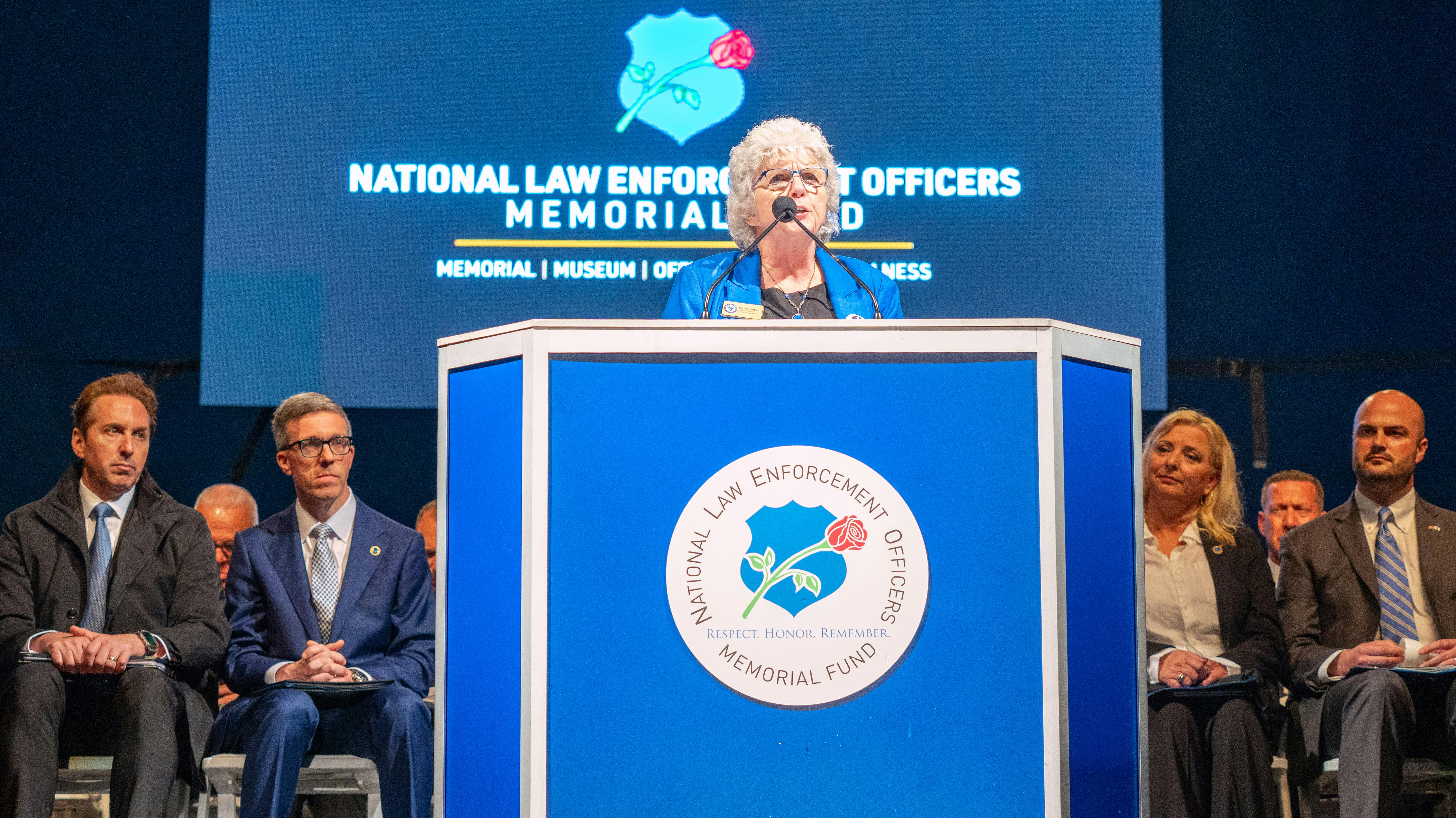 Connie Moyer, National President of Concerns of Police Survivors (COPS), speaks during the 37th Annual Candlelight Vigil on May 13 in Washington, D.C.