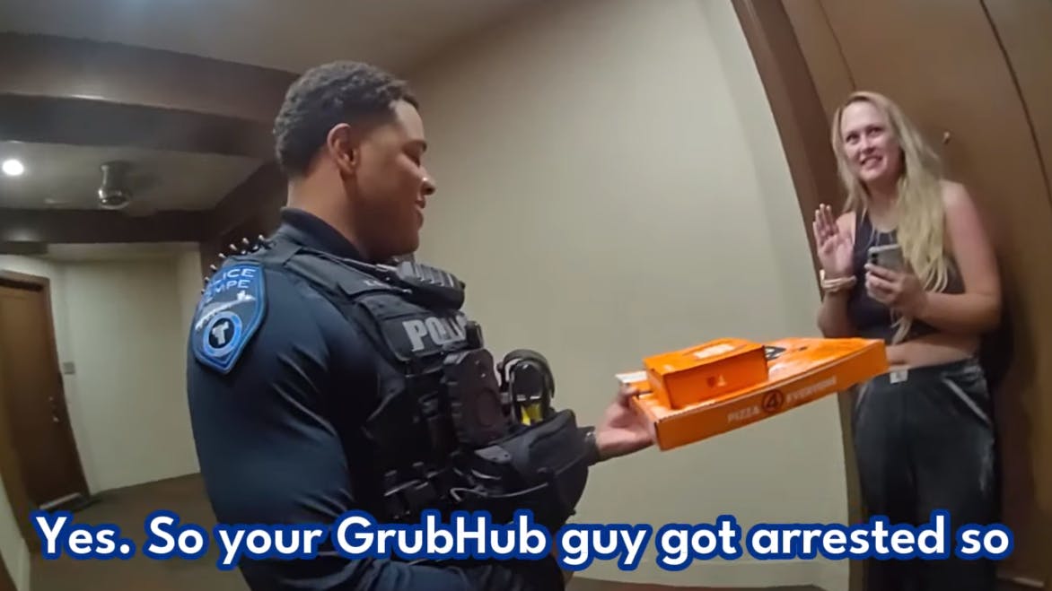 After a GrubHub driver was arrested during a July 4 traffic stop, two Tempe, AZ, police officers completed the driver's order, dropping off a pizza to a hungry customer.