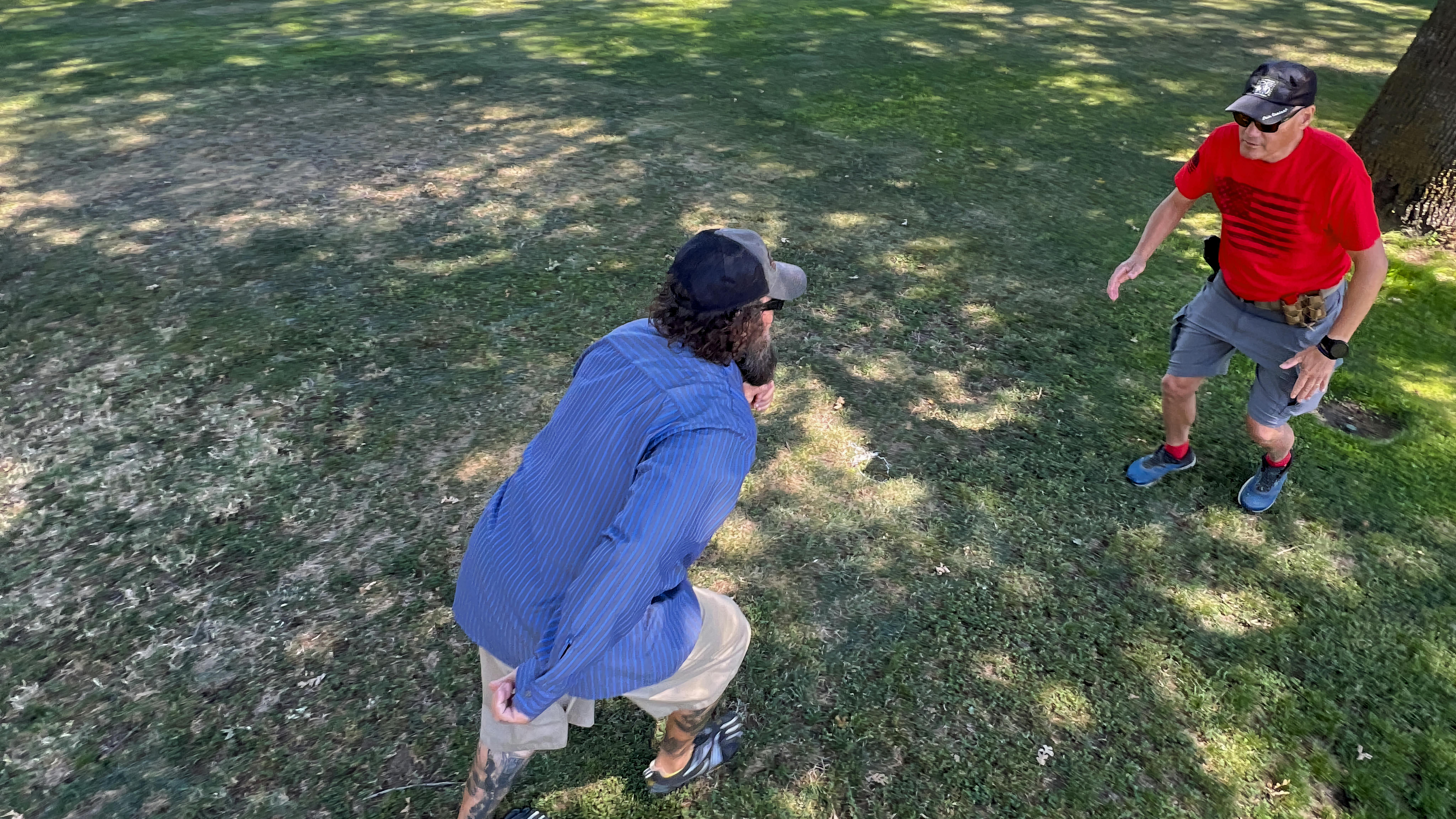 Lindsay first experimented with a charging suspect scenario at a walking pace. Even at this pace, our test subject Bobby Jones could cover 21 feet within the time parameter.