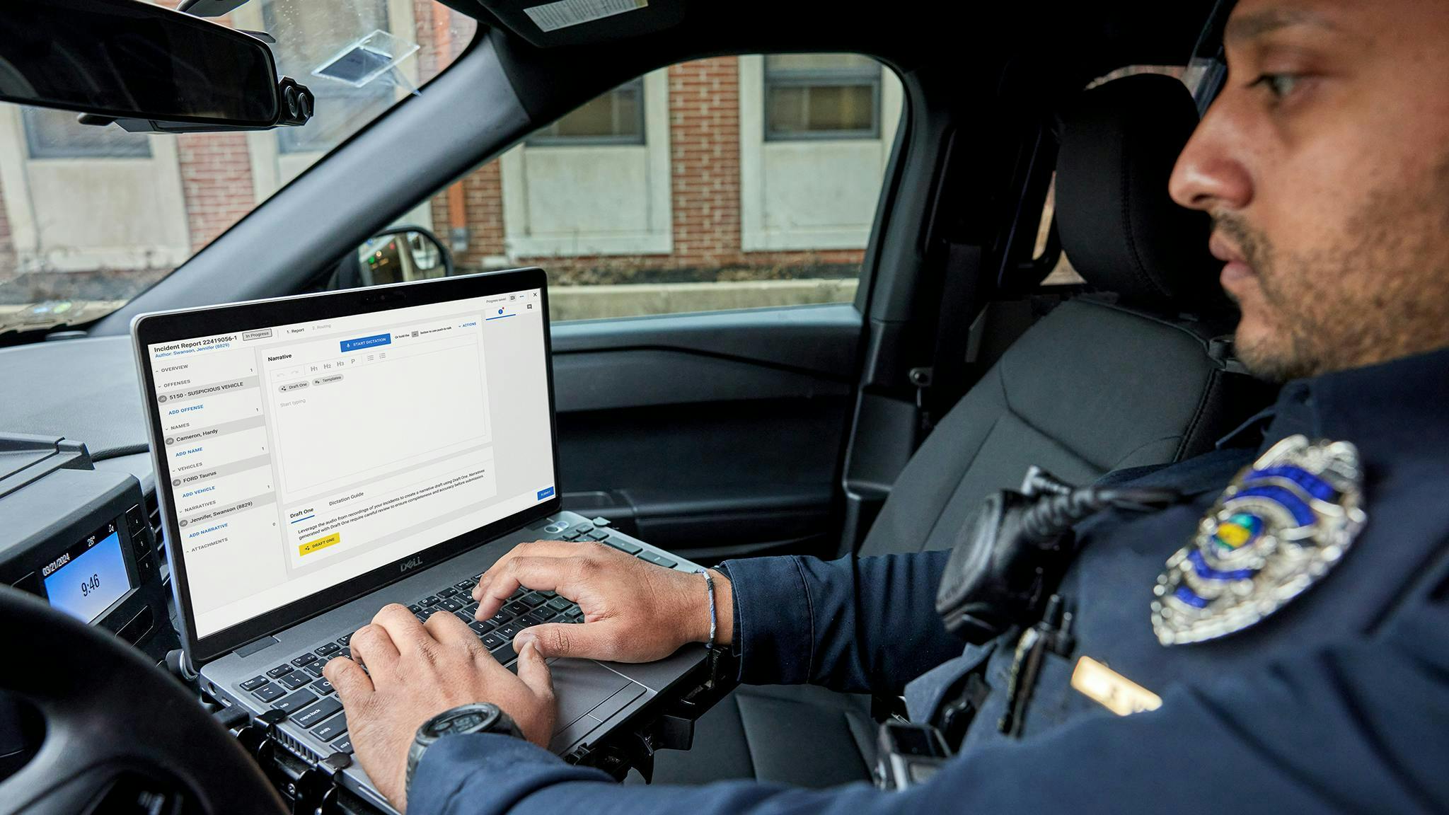 A police officer uses Axon Draft One to create a report. Beginning Jan. 1, California police officers must disclose when generative AI software tools are used in helping to create an official report.