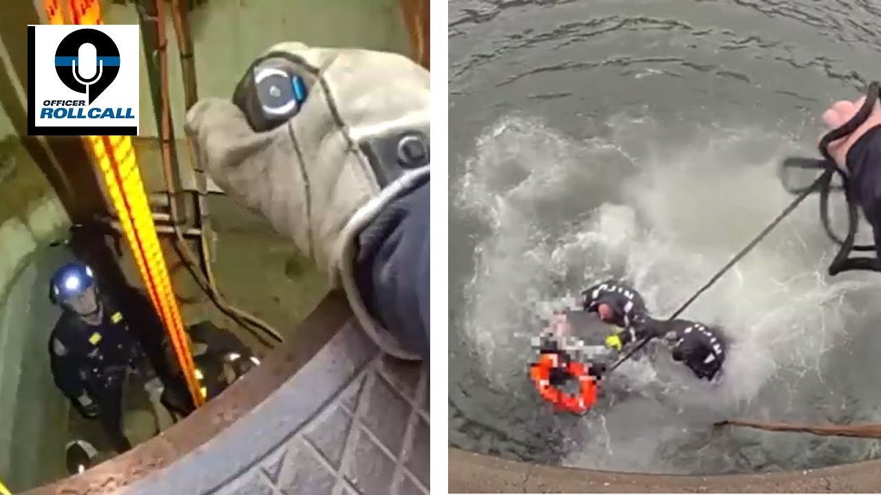 NYPD officers make two dramatic rescues: one from a 30-foot manhole (left) and one from the freezing waters of the East River.