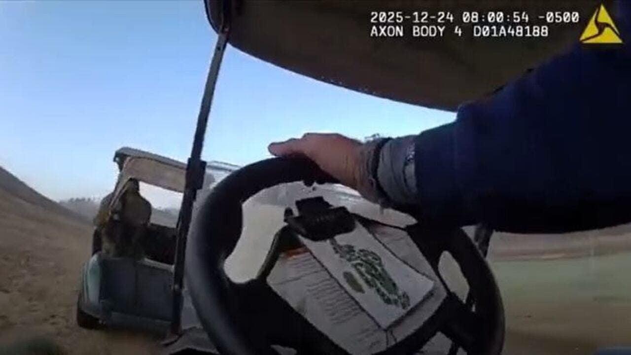 Fore! Sandy Springs, GA, police use a golf cart to chase down a suspect on a course.
