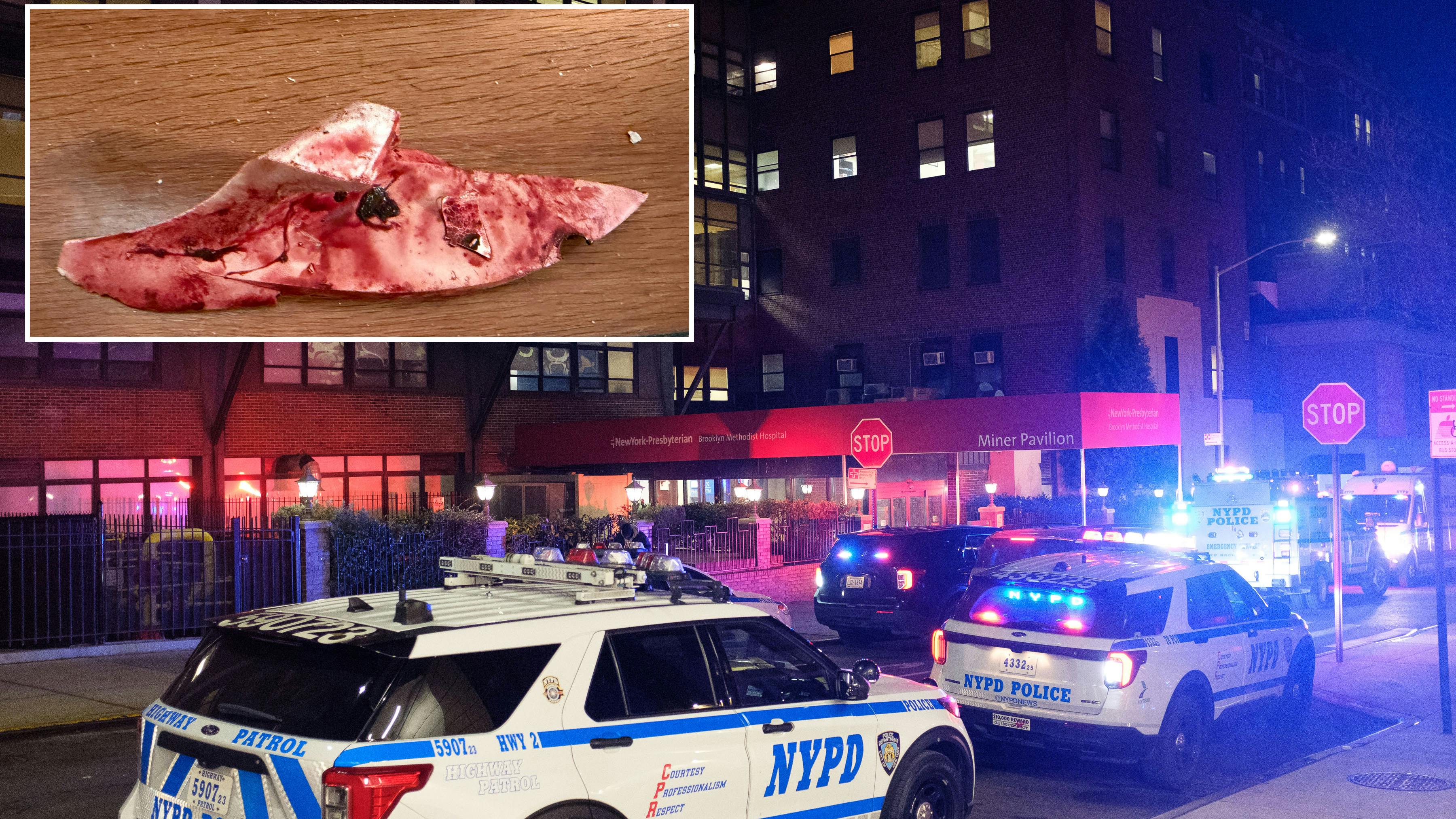 A 62-year-old man armed with a jagged piece of a broken toilet (inset) was fatally shot by police inside New York Presbyterian-Brooklyn Methodist Hospital on Thursday night.