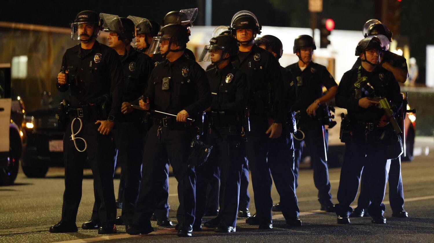 LAPD officers arrive to push back demonstrators outside the Edward R. Roybal Federal Building on Sept. 1, 2025 in Los Angeles.