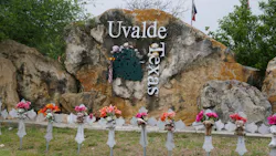 The memorial with teddy bears and flowers on the cross for the mass shooting memorials by the entrance into the town of Uvalde, Texas, on April 8, 2024. The memorial with teddy bears and flowers on the cross for the mass shooting memorials by the entrance into the town of Uvalde, Texas, on April 8, 2024.