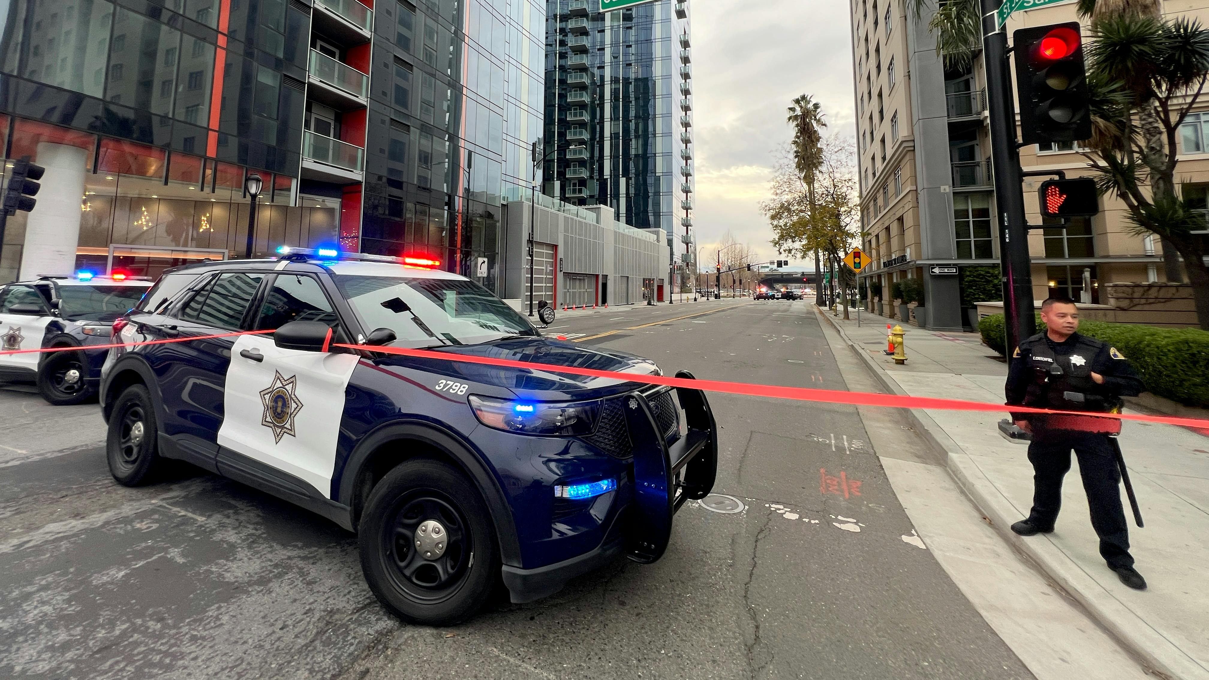 San Jose police block part of San Pedro Street on Wednesday, Jan. 21, 2026, after an officer-involved shooting that occurred in downtown San Jose related to an armed carjacking.
