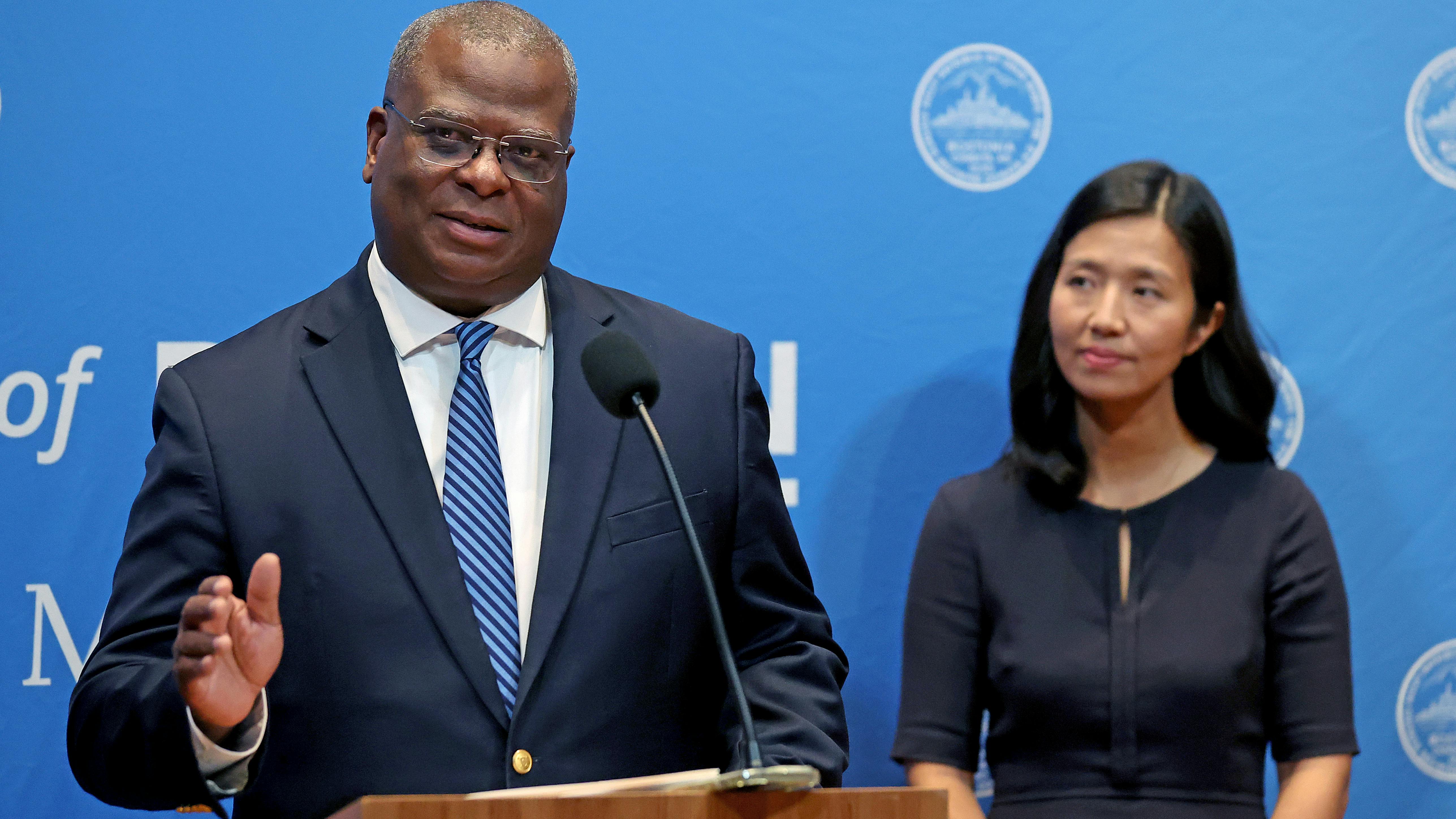 Boston, MA - Nov. 3 - Mayor Michelle Wu and Boston Police Commissioner Michael Cox hold a press conference at City Hall to announce the new police contract.