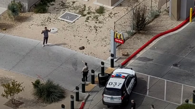 Las Vegas police drone locates battery suspect.