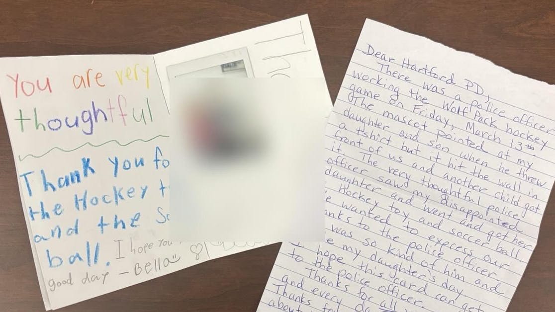 Touching notes of thanks for Hartford, CT, police officer.