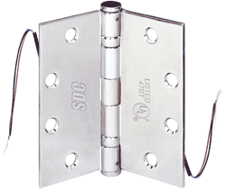 The SDC PTH series electric power transfer hinge is UL 10B listed and meets the standards for three-hour fire doors. Concealed wires carry the power for operating electric locks and access control devices.