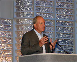 GE Infrastructure, Security CEO Ken Boyda takes the stage at the GE Security Conference & Workshop in Hollywood, Fla. Boyda stressed that GE is ramping up to provide the IT/networking training and support to its channel partners -- training that has beco GE Infrastructure, Security CEO Ken Boyda takes the stage at the GE Security Conference & Workshop in Hollywood, Fla. Boyda stressed that GE is ramping up to provide the IT/networking training and support to its channel partners -- training that has beco