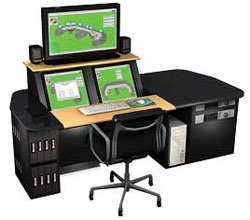 Winsted's new consoles are capable of support two 21-inch racked LCD monitors, plus a space for a large LCD or plasma screen. Lower cabinets offer additional storage spaces.