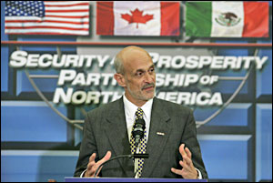 Homeland Security Secretary Michael Chertoff speaks after holding a meeting with his Canadian and Mexican counterparts on the Security and Prosperity Partnership of North America initiative, in Ottawa, Canada, Monday, June 27, 2005. Canada, Mexico and the