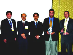 TOA Electronics leaders (left) present the awards to representatives from ASR Enterprises and NFS Communications during ISC West 2006. TOA Electronics leaders (left) present the awards to representatives from ASR Enterprises and NFS Communications during ISC West 2006.