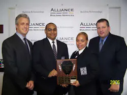 Gary Green, CEO, Alliance Building Services; Amable Arias, honoree; Dayanara Martinez, honoree; David A. Reiss, senior vice president, Classic Security. Gary Green, CEO, Alliance Building Services; Amable Arias, honoree; Dayanara Martinez, honoree; David A. Reiss, senior vice president, Classic Security.