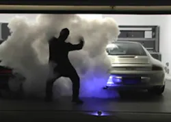 A display of a FogSHIELD system in a garage showcases the density that the units can create A display of a FogSHIELD system in a garage showcases the density that the units can create