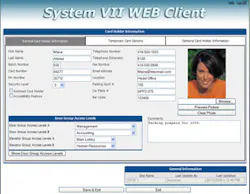A screen capture shows the remote, web-client access to the Keyscan System VII card-holder interface for managing the access control system. A screen capture shows the remote, web-client access to the Keyscan System VII card-holder interface for managing the access control system.