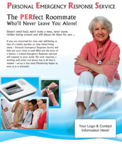 A sample of the custom PERS sales literature available from third-pary monitoring provider EMERgency24. A sample of the custom PERS sales literature available from third-pary monitoring provider EMERgency24.
