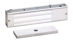 Electromagnetic locks, like this one from Security Door Controls (SDC), can be mounted either at the top or bottom of a door.