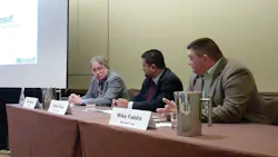 (left to right) Bill Minear of TruSys, Carlos Pinel of Cisco Systems and Mike Faddis of Microsoft provide manufacturers, end users and other attendees at the 2011 ASIS conference’s informational breakfast. Photo courtesy PSIA. (left to right) Bill Minear of TruSys, Carlos Pinel of Cisco Systems and Mike Faddis of Microsoft provide manufacturers, end users and other attendees at the 2011 ASIS conference’s informational breakfast. Photo courtesy PSIA.