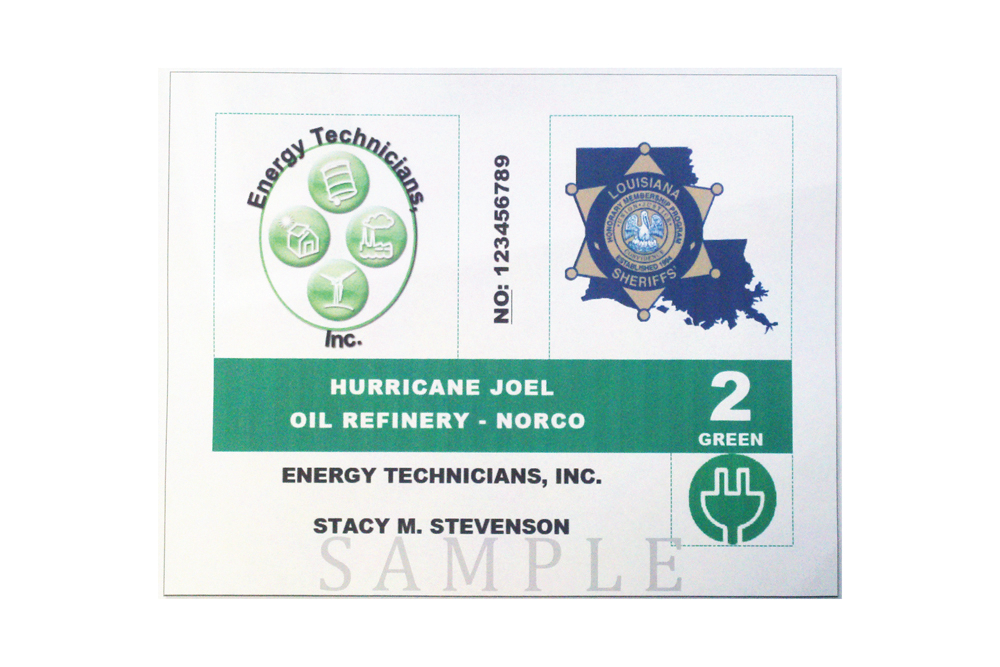 A sample of the Louisiana credential that would allow essential industry personnel into disaster areas previously limited to first responders.