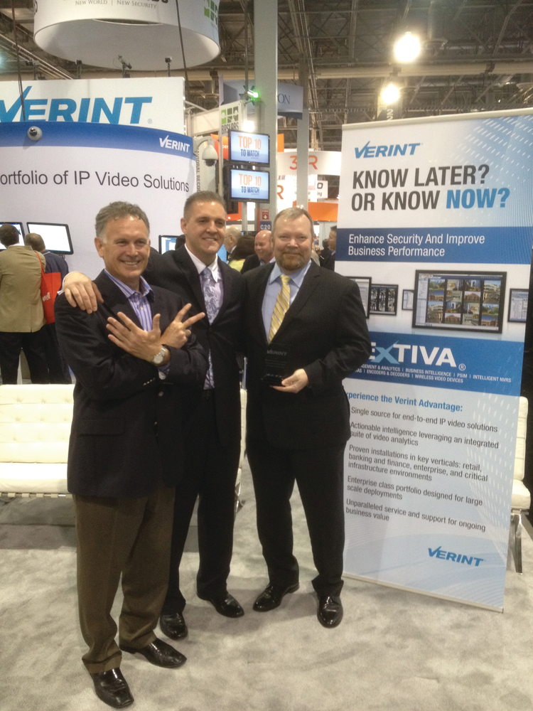 X7 Systems Integration, Fairfax, Va., ranked No. 9 in the SD&I Fast50 this year and No. 5 in the program last year. The company also received the Verint Partner Excellence award for 2011, presented at ISC West 2012 in Las Vegas. From left to right: Steve Foley, senior vice president of Verint; Derek Radoski, vice president of X7; and David Taylor, chief executive officer of X7.
