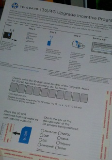 Telguard's 3G/4G incentive program offers a self-addressed stamped envelope form to send in 2G SIM cards for $25.