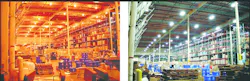 Figure 1 illustrates the comparison of traditional lighting — a mixture of fluorescent and high-pressure sodium (HPS) lamps — and white LED lighting in a warehouse application. Figure 1 illustrates the comparison of traditional lighting — a mixture of fluorescent and high-pressure sodium (HPS) lamps — and white LED lighting in a warehouse application.