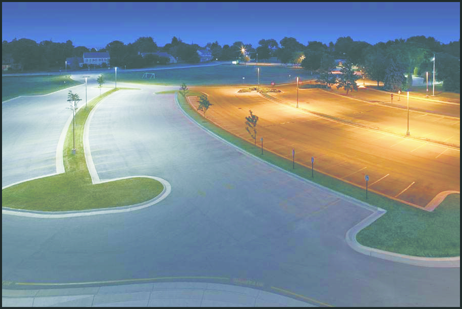 These parking lot areas show the stark difference between traditional lighting (on the right) and LED lighting (on the left).