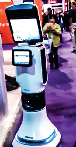 iRobot's healthcare robot enables the attending physician to be virtually “face to face” with patient and telemetry, essentially multiplying the nurse force for routine functions, enabling staff to focus on more complex, time-critical decisions. iRobot's healthcare robot enables the attending physician to be virtually “face to face” with patient and telemetry, essentially multiplying the nurse force for routine functions, enabling staff to focus on more complex, time-critical decisions.