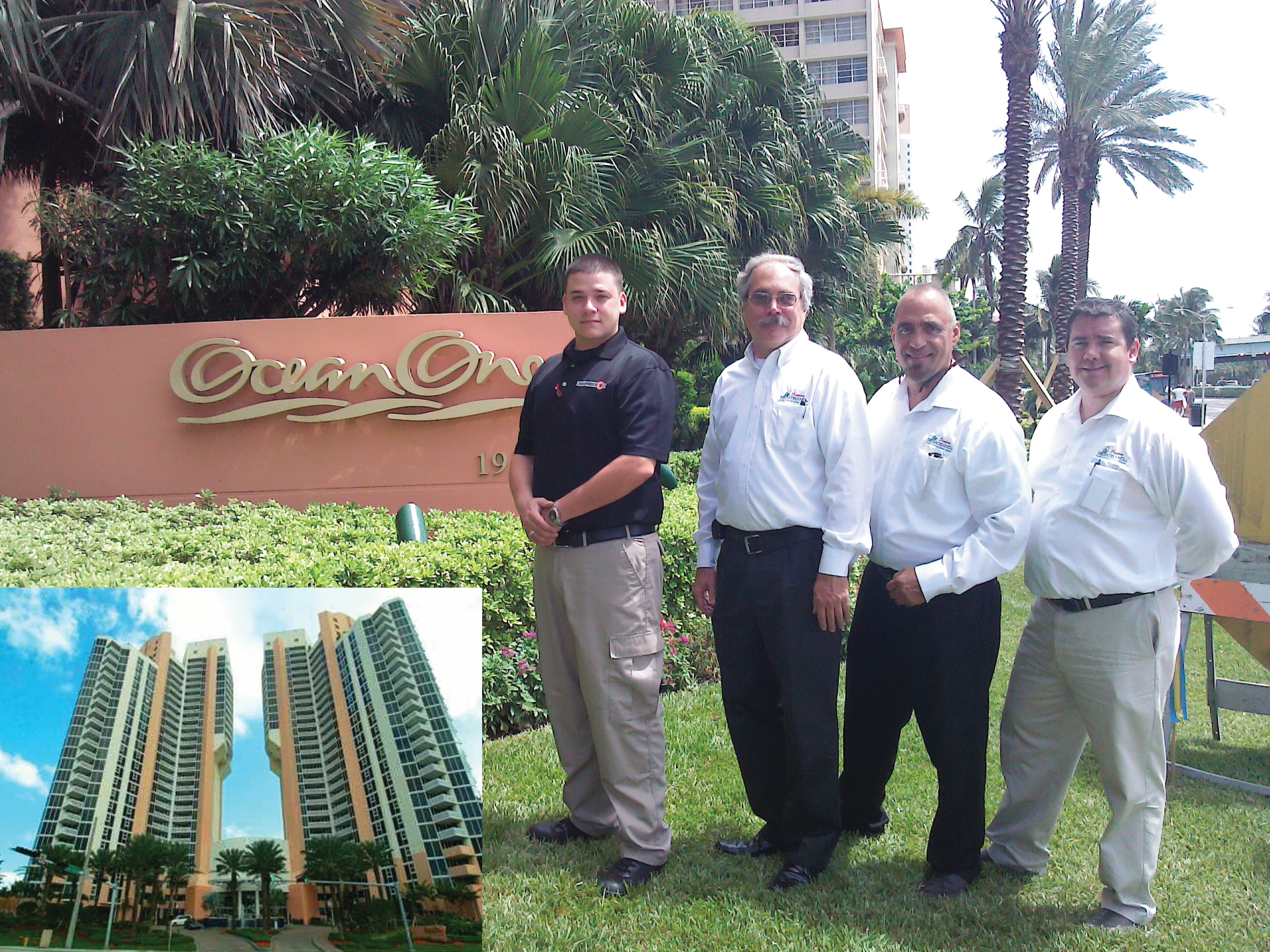 Daytona Broadband is currently engineering a video security upgrade proposal for the Ocean One Condominium in Sunny Isles Beach, Fla., partnering with Marksman Security: (L-R) Tony Llamas is an account executive with Marksman; Ron Poulin is the owner of Daytona Broadband; and Wilfredo Gomez and Robert Crooke are project managers.