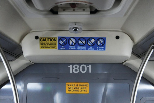 A new Denver RTD bus waits to be used on the streets, and contains a new mobile video recording and investigation solution from NICE that will quickly track down suspects of criminal activity.