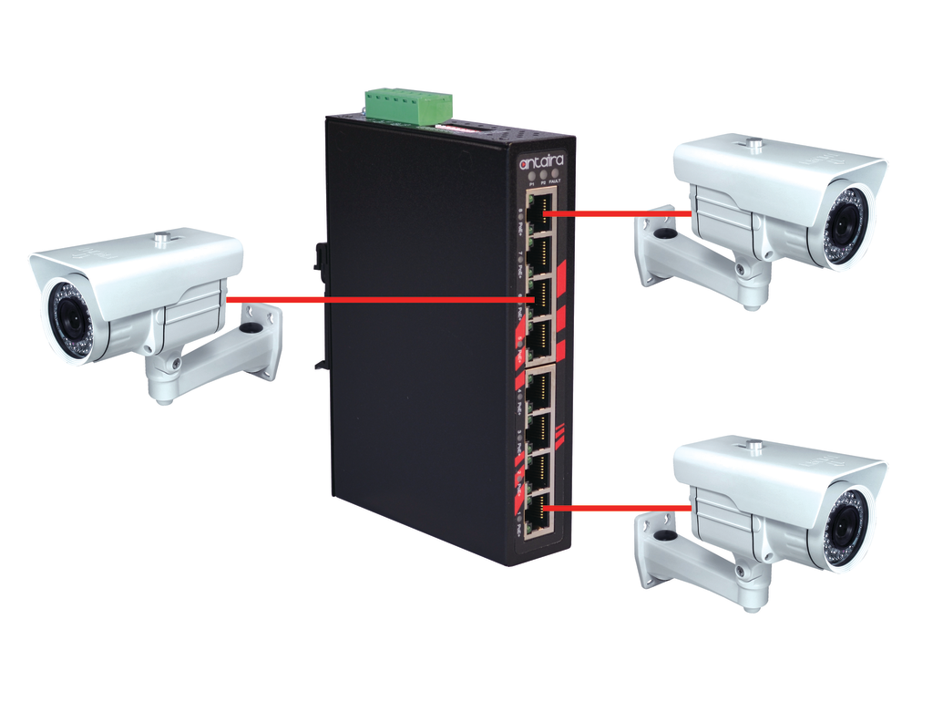 A PoE switch enables multiple surveillance cameras to all use a single power supply.
