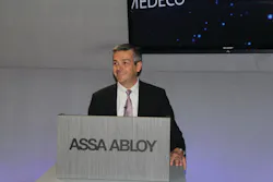 Martin Huddart, president, Access and Egress Hardware Group, ASSA ABLOY Americas, addresses members of the media at ASIS 2014. Martin Huddart, president, Access and Egress Hardware Group, ASSA ABLOY Americas, addresses members of the media at ASIS 2014.