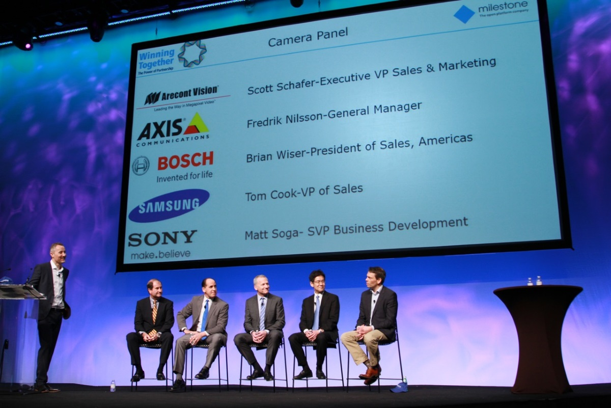 From l-r: Milestone's Christian Bohn moderates a state of the industry panel discussion with Arecont Vision's Scott Schafer, Samsung's Tom Cook, Bosch's Brian Wiser, Sony's Matt Soga and Axis Communications' Fredrik Nilsson.