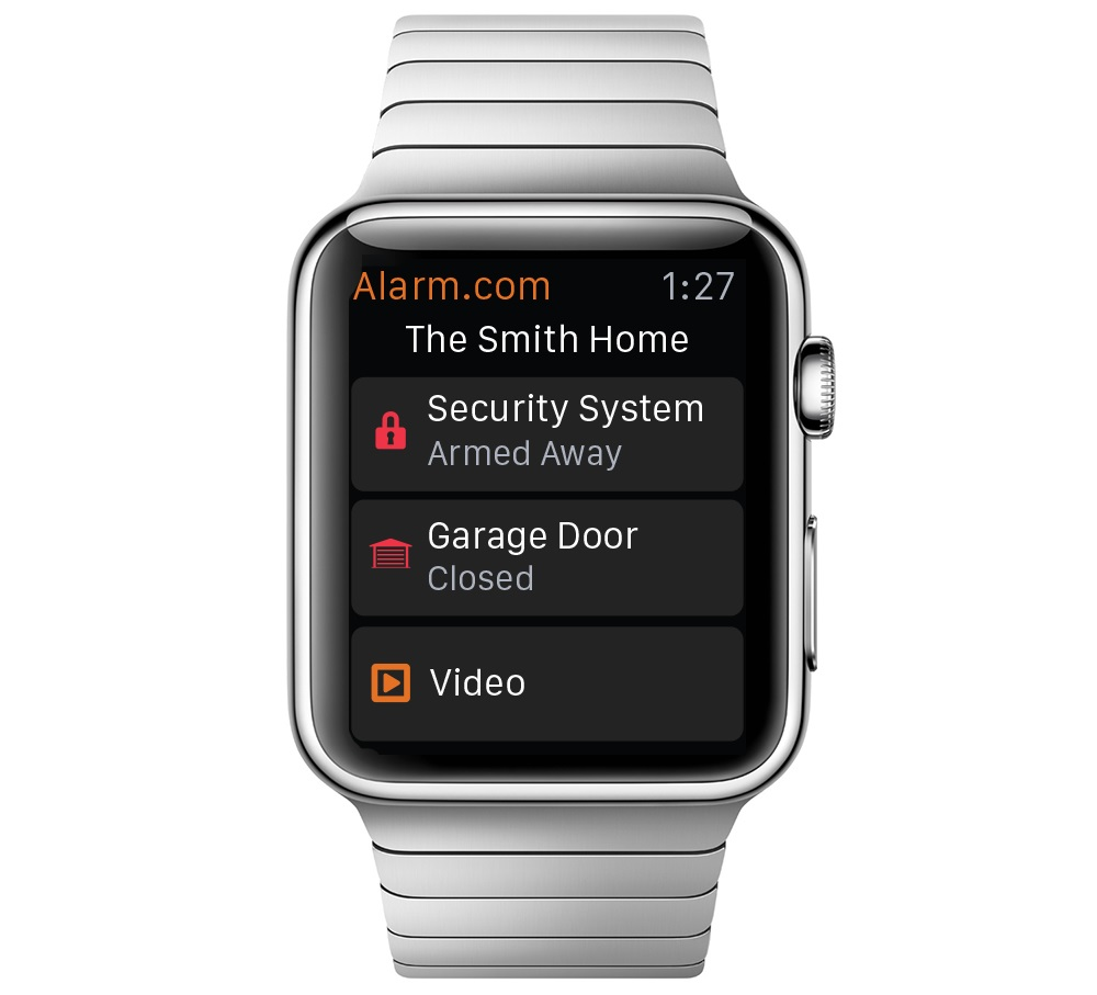 A look at how the Alarm.com app will appear on the new Apple Watch.