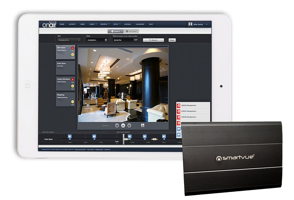 Brivo OnAir is the most secure cloud-based access control and video platform that features an all-new mobile app experience for the on-the-go security administrator. The platform also integrates with the Smartvue video gateway providing a cost-effective storage and management solution to small, medium and enterprise markets.