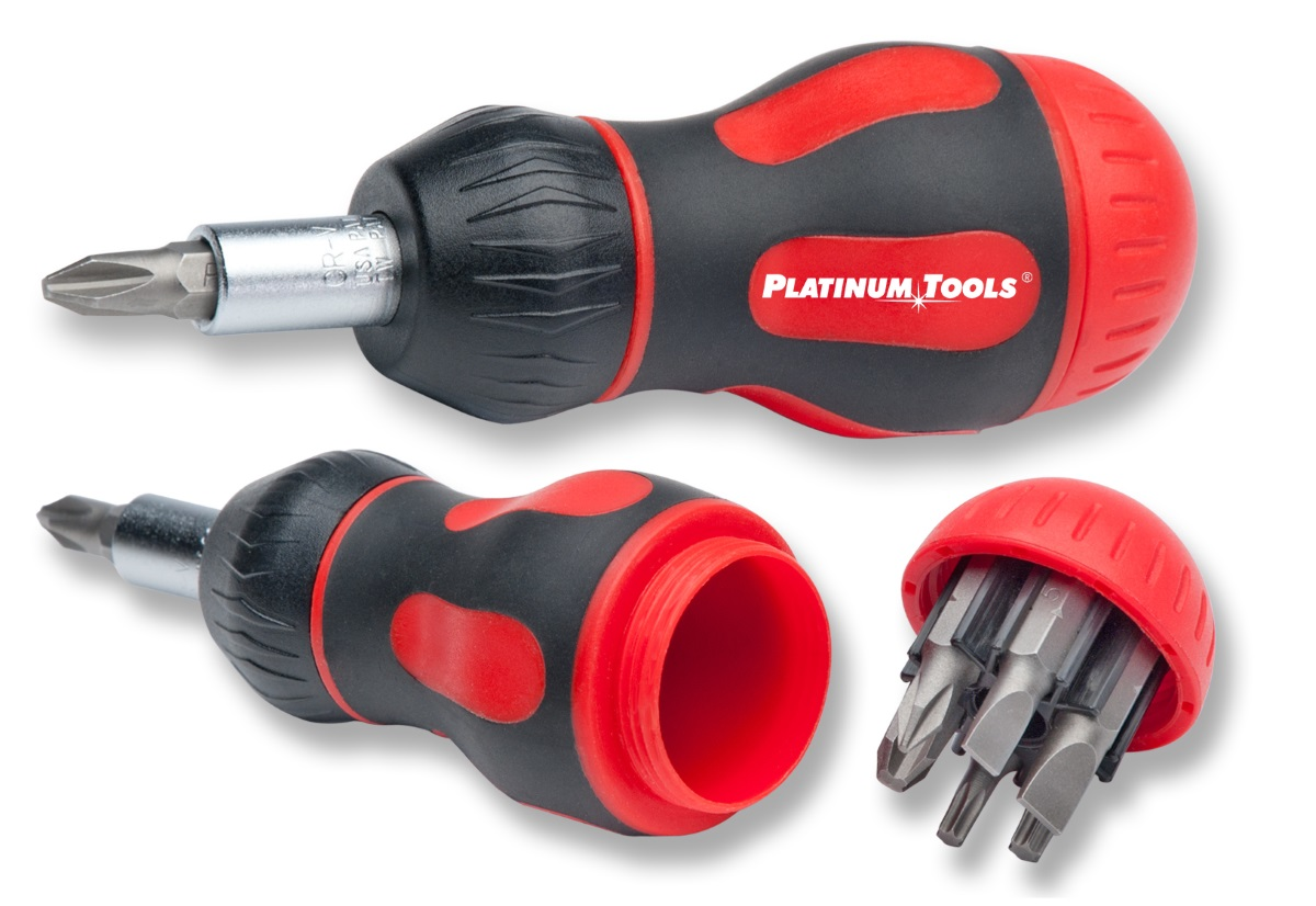 Platinum Tools' new 8-in-1 ratcheted 'Stubby' screwdriver.