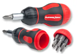 Platinum Tools' new 8-in-1 ratcheted 'Stubby' screwdriver. Platinum Tools' new 8-in-1 ratcheted 'Stubby' screwdriver.