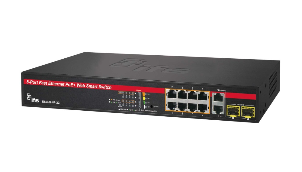 The new ES Series of Web smart PoE+ switches are a cost-effective network switch solution for small- to mid-sized IP-camera surveillance systems. Available in 8-, 16- or 24-port Fast Ethernet PoE+ configurations, the switches meet the need of providing Fast Ethernet ports for IP cameras with GigE ports for NVR/server connections.