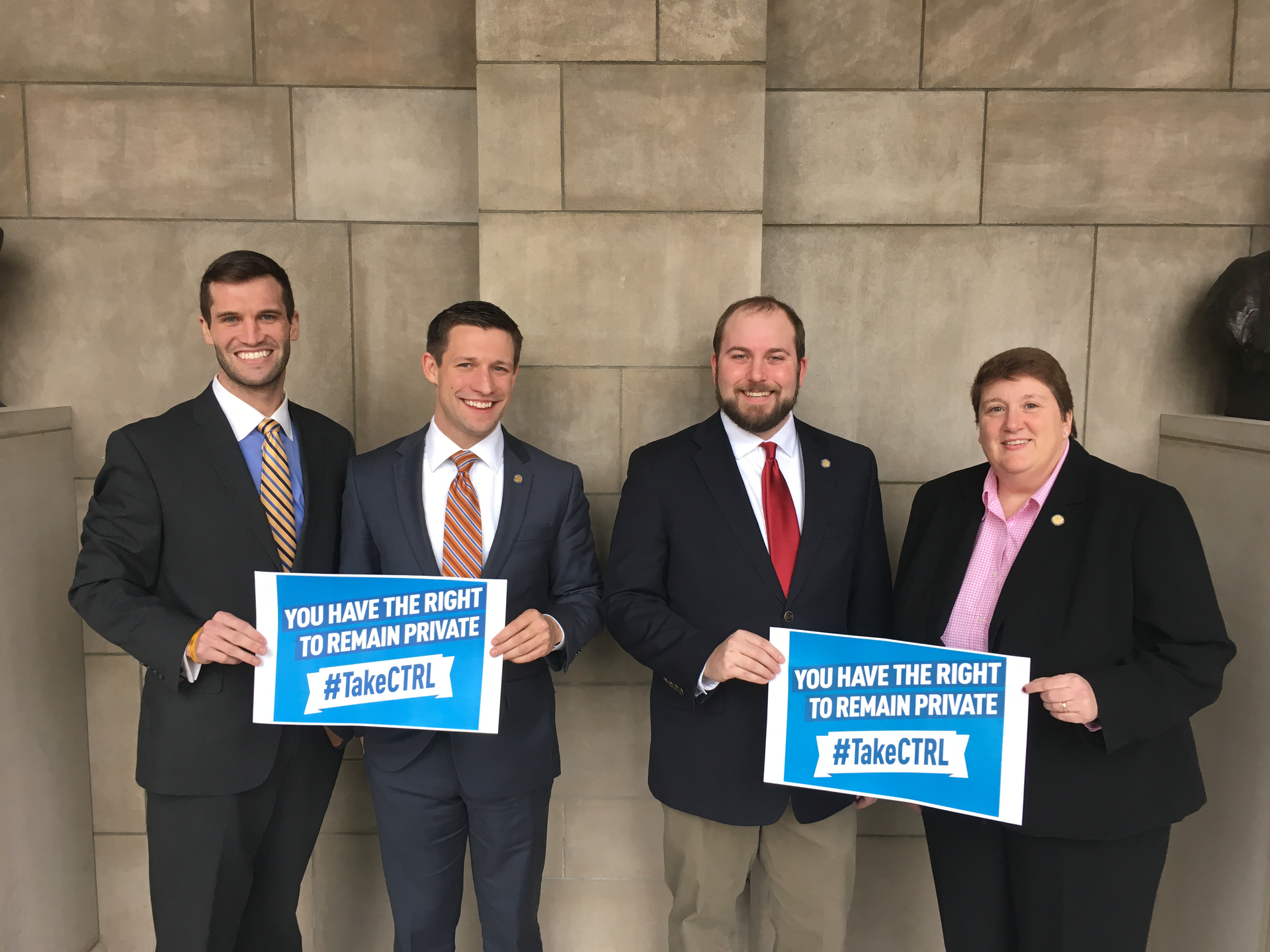 A nationwide coalition of legislators from both parties and advocacy groups from across the political spectrum will simultaneously announce legislation in 16 states and the District of Columbia that would provide new privacy protections on a range of issues, including student data privacy, employee data privacy, location tracking, and electronic communications. From Nebraska: L to R: Sen. Tyson Larson, Sen. Adam Morfeld, Sen. Matt Hansen, Sen. Laura Ebke.